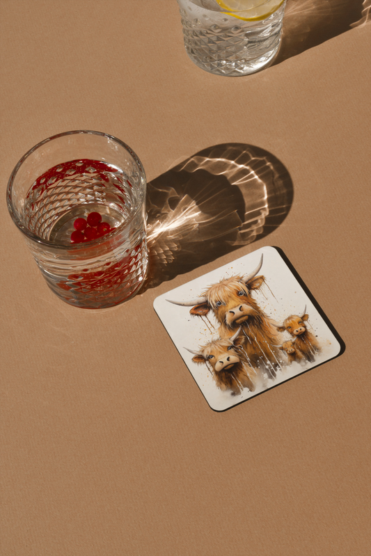 Highland Cow Family Portrait Coaster/ Coaster Set